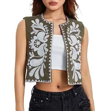Meihuida Women Embroidered Vest Top Y2k Vintage Open Front Floral Boho Cropped Waistcoat