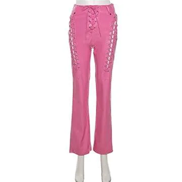 Women Lace Up Faux Leather Pants Sexy High Waist Solid Color Hip Push Up Butt Lift PU Leggings Trousers Streetwear