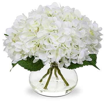 Hollyone Hydrangea Artificial Flowers with Vase White Silk Fake Flowers Arrangements in Glass Vase w...