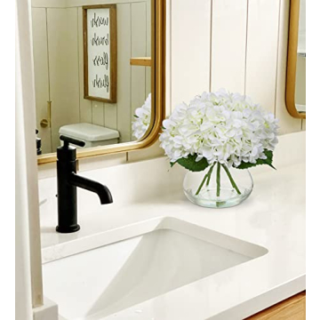 Hollyone Hydrangea Artificial Flowers with Vase White Silk Fake Flowers Arrangements in Glass Vase with Faux Water for Home Bathroom Office Table Centerpiece Shelf Decorations