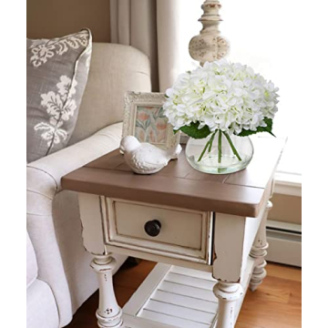 Hollyone Hydrangea Artificial Flowers with Vase White Silk Fake Flowers Arrangements in Glass Vase with Faux Water for Home Bathroom Office Table Centerpiece Shelf Decorations