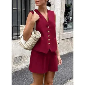 PRETTYGARDEN Two Piece Suits Set for Women Button Down V Neck Vest Sleeveless Tops and Pockets Shorts Trendy Summer Outfits (Wine Red,Small)