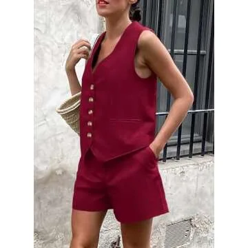 PRETTYGARDEN Two Piece Suits Set for Women Button Down V Neck Vest Sleeveless Tops and Pockets Shorts Trendy Summer Outfits (Wine Red,Small)