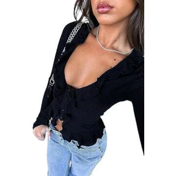 ABYOVRT Women Y2k Shirts Long Sleeve Deep V Neck Ruffle Crop Tops Going Out Top Sexy Blouse Club Str...