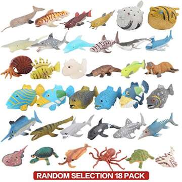 18 Pack Assorted Ocean Animal, Stretchy and Floating Rubber sea Animals Toy Set, Mini Realistic Unde...