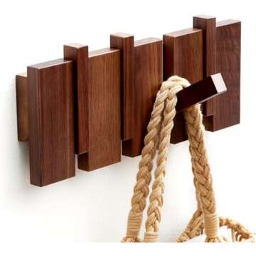 ESDOPA Wooden Coat Hooks Wall Mounted, Coat Rack Hanger Wall Mount with 4 Hooks, Modern Piano Coat Racks for Hanging Coats Keys Hats Towels Bags, Space-Saving Entryway Coat Rack, Walnut