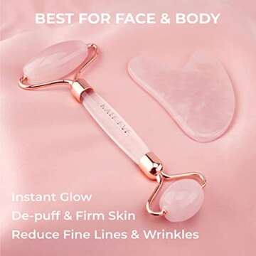 Kate Eve Rose Quartz Roller & Gua Sha Tool | 100% Natural Crystal Facial Massager for All Skin Types...
