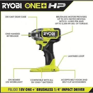 RYOBI ONE+ HP 18V Brushless Cordless 1/4 in. Impact Driver (Tool Only) - PBLID01B