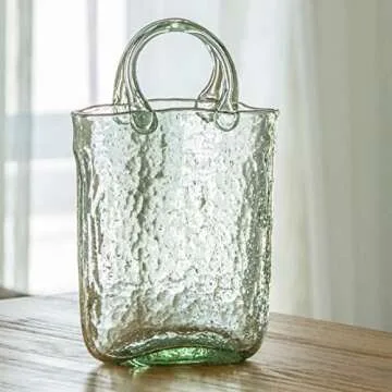 Haetingcare Hand Blown Glass Vase with Unique Design, Clear Glass Vase with Handles in Purse Shape f...