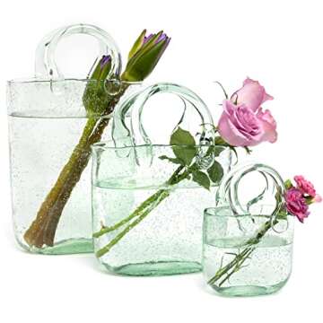 Haetingcare Hand Blown Glass Vase with Unique Design, Clear Glass Vase with Handles in Purse Shape for Decor, Good for Floral Arrangement, Centerpiece & Home Decor Large