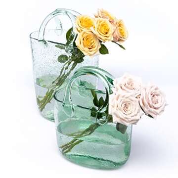 Haetingcare Hand Blown Glass Vase with Unique Design, Clear Glass Vase with Handles in Purse Shape for Decor, Good for Floral Arrangement, Centerpiece & Home Decor Large