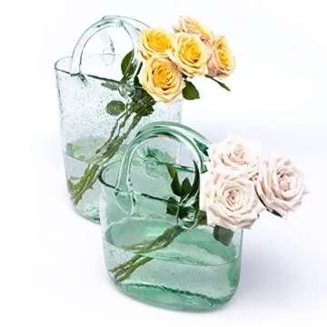 Haetingcare Hand Blown Glass Vase with Unique Design, Clear Glass Vase with Handles in Purse Shape for Decor, Good for Floral Arrangement, Centerpiece & Home Decor Large