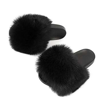 FUNKYMONKEY Women's Slides Faux Fur Cute Slip On Fuzzy Slippers Comfort Flat Sandals (10 M US, New Black)