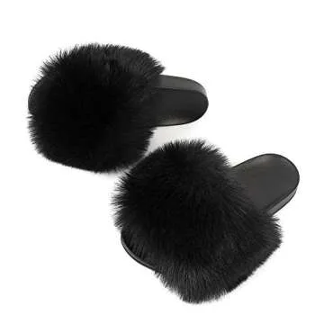 FUNKYMONKEY Women's Slides Faux Fur Cute Slip On Fuzzy Slippers Comfort Flat Sandals (10 M US, New Black)