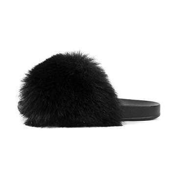 FUNKYMONKEY Women's Slides Faux Fur Cute Slip On Fuzzy Slippers Comfort Flat Sandals (10 M US, New Black)