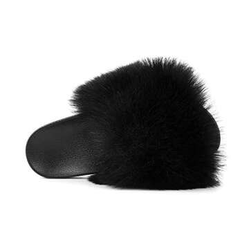 FUNKYMONKEY Women's Slides Faux Fur Cute Slip On Fuzzy Slippers Comfort Flat Sandals (10 M US, New Black)