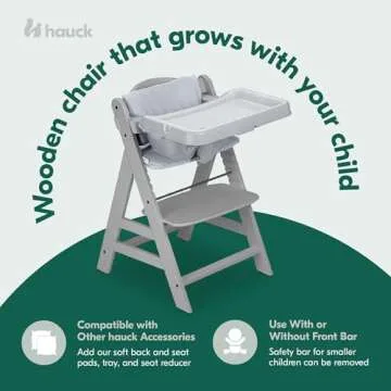hauck Alpha+ Grow Along Solid Beechwood Boosted Highchair with Adjustable Seat, 5 Point Safety Harness, and Bumper Bar for Infants and Toddlers, Grey