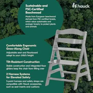 hauck Alpha+ Grow Along Solid Beechwood Boosted Highchair with Adjustable Seat, 5 Point Safety Harness, and Bumper Bar for Infants and Toddlers, Grey