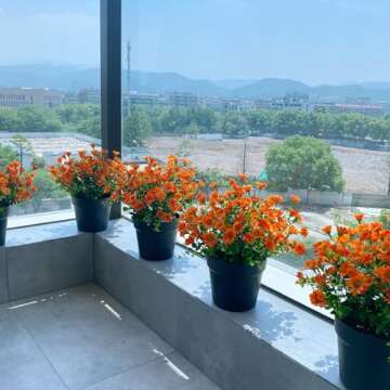 alyptus 8 Bundles Artificial Flowers for Outdoors Faux Mums UV Resistant Plastic Fall Plants Fake Greenery Orange Daisy Bulk for Home Gardenr Window Box Pathway Plante Wedding Decor (Orange)