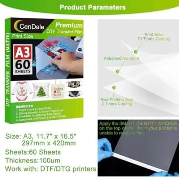 CenDale DTF Transfer Film - A3 (11.7" x 16.5") 60 Sheets Double-Sided Matte Clear PreTreat Sheets- PET Film Sheets DTF for DIY Direct Print on T-Shirts Textile