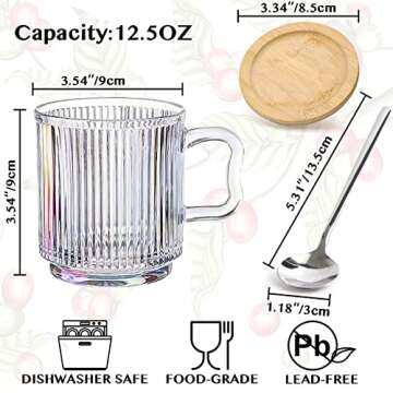LETINE Iridescent Glass Coffee Mug with Lids (12.5 oz) - Insulated Coffee Mugs Tea Cup with an Espre...