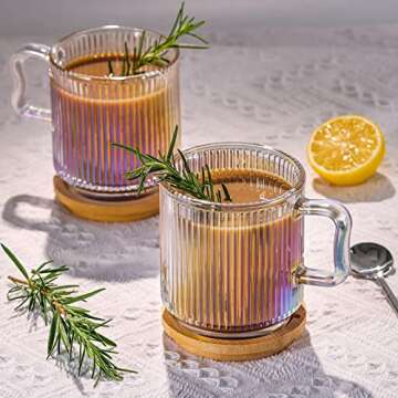 LETINE Iridescent Glass Coffee Mug with Lids (12.5 oz) - Insulated Coffee Mugs Tea Cup with an Espresso Spoon. Perfect for Latte, Cappuccino, Tea. Gift for Women & Men in Birthdays, Holidays