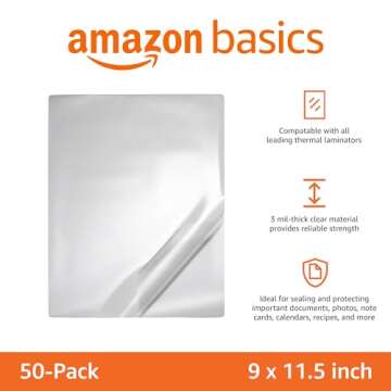 Amazon Basics Clear Thermal Laminating Plastic Paper Laminator Sheets, 9 x 11.5-Inch, 50-Pack, 3mil
