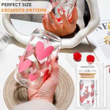 DWTS DANWEITESI Glass Cups with Lids and Straws with Design Pink Hearts 4 pcs,Clear Glass Cups 16 oz...