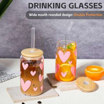 DWTS DANWEITESI Glass Cups with Lids and Straws with Design Pink Hearts 4 pcs,Clear Glass Cups 16 oz-Glass Tumbler,Cute Glass Iced Coffee Cups with Lids and Straws