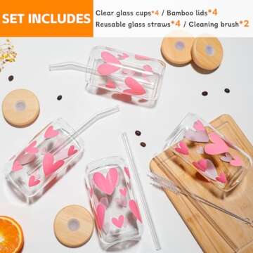 DWTS DANWEITESI Glass Cups with Lids and Straws with Design Pink Hearts 4 pcs,Clear Glass Cups 16 oz-Glass Tumbler,Cute Glass Iced Coffee Cups with Lids and Straws