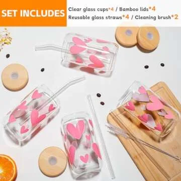 DWTS DANWEITESI Glass Cups with Lids and Straws with Design Pink Hearts 4 pcs,Clear Glass Cups 16 oz-Glass Tumbler,Cute Glass Iced Coffee Cups with Lids and Straws