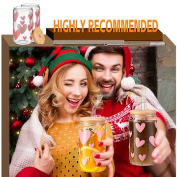 DWTS DANWEITESI Glass Cups with Lids and Straws with Design Pink Hearts 4 pcs,Clear Glass Cups 16 oz-Glass Tumbler,Cute Glass Iced Coffee Cups with Lids and Straws