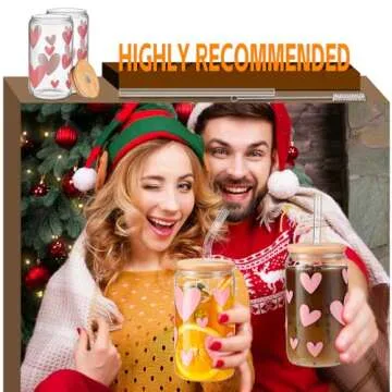 DWTS DANWEITESI Glass Cups with Lids and Straws with Design Pink Hearts 4 pcs,Clear Glass Cups 16 oz-Glass Tumbler,Cute Glass Iced Coffee Cups with Lids and Straws