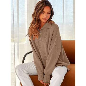 ANRABESS Women's Oversized Fashion Long Sleeve Quarter Zip Baggy Loose Slouchy Sweater Pullover Tops 2024 Fall Outfits Brown Medium