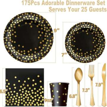 175PCS Black and Gold Party Supplies, Severs 25 Disposable Party Dinnerware Gold Plastic Forks Knive...