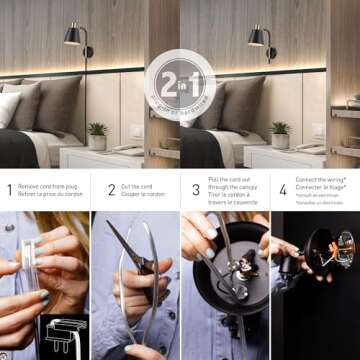 Globe Electric 51374 Cleo 1-Light Plug-in or Hardwire Wall Sconce, Matte, Antique Brass Accents, Black Cloth Cord, 14.44