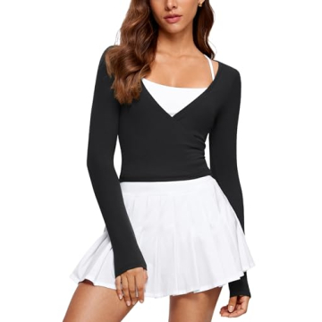 INGIA Womens V-Neck Long Sleeve Cross Wrap Top Slim Fit Soft Knit Layering Shirt Casual Yoga Gym Ban...