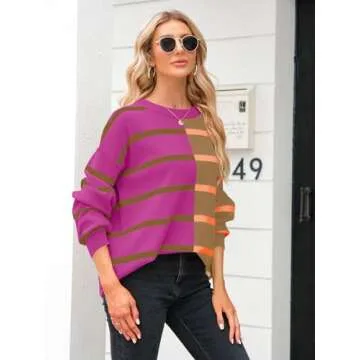 Fisoew Womens Striped Pullover Sweater Crew Neck Long Sleeve Knitted Color Block Casual Loose Lightweight Sweaters for Women