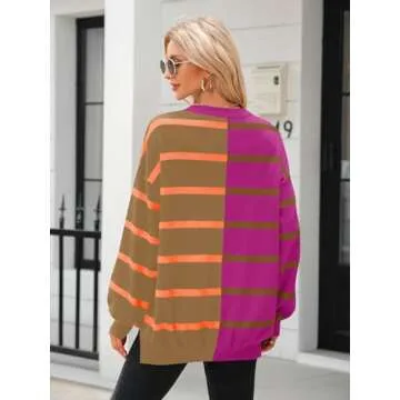Fisoew Womens Striped Pullover Sweater Crew Neck Long Sleeve Knitted Color Block Casual Loose Lightweight Sweaters for Women