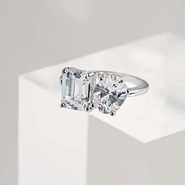 DIAMONBLISS Emerald & Oval Cut Double Stone Ring for Women 14K Yellow Gold, Platinum Plated 925 Sterling Silver Engagement Cocktail Ring Band | Cubic Zirconia CZ Simulated Diamond (Yellow Gold, 9)