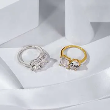 DIAMONBLISS Emerald & Oval Cut Double Stone Ring for Women 14K Yellow Gold, Platinum Plated 925 Sterling Silver Engagement Cocktail Ring Band | Cubic Zirconia CZ Simulated Diamond (Yellow Gold, 9)