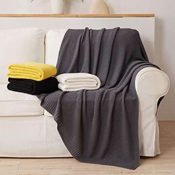 Longhui bedding Dark Grey 100% Cotton Lightweight Cable Knit Throw Blanket for Couch Sofa Bed Home Large Decorative, Bonus Laundering Bag, Dark Gray 60 x 80 Inch, Machine Washable