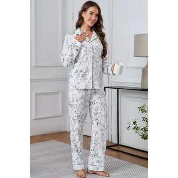LUBOT 100% Cotton Pajamas Set for Women - Long Sleeve Button-Down Soft Two-Piece Night Suit