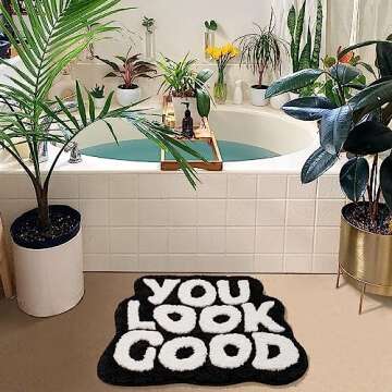 UNIBATH You Look Good Bath Mat Black and White Bathroom Rugs Funny Cute Bathroom Decor Preppy Small Cool Rug Non Slip Microfiber Washable Absorbent Shower Rug, 25”x21”