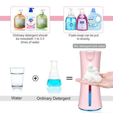 HUAAN Automatic Soap Dispenser, Foaming Soap Dispenser Touchless, Battery Operated Hand Free Automatic Foam Liquid Soap Dispenser for Bathroom or Kitchen (Pink)