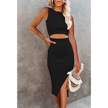 Pink Queen Black Midi Dress Cutout Side Slit Elegant