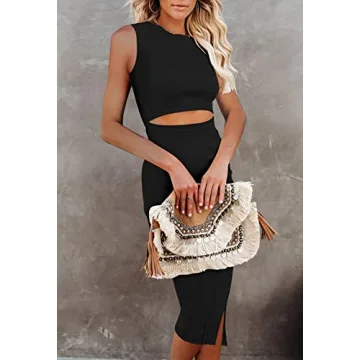 Pink Queen Black Midi Dress Cutout Side Slit Elegant