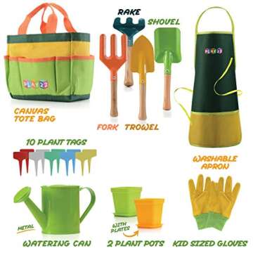 Play22 Kids Gardening Tool Set 12 PCS - Kids Gardening Tools Shovel Rake Fork Trowel Apron Gloves Watering Can and Tote Bag, Toddler Gardening Tools for Kids Best Outdoor Toys Gift for Boys and Girls
