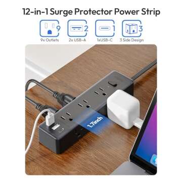 Surge Protector Power Strip,9 Widely Outlets and 3 USB Ports (1 USB-C), 1080 Joules, 5 FT Flat Exten...