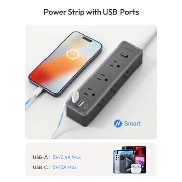 Surge Protector Power Strip,9 Widely Outlets and 3 USB Ports (1 USB-C), 1080 Joules, 5 FT Flat Extension Cord with Multiple Outlets, Wall Mount, Flat Plug, for Home Office, Dorm Essentials, Black